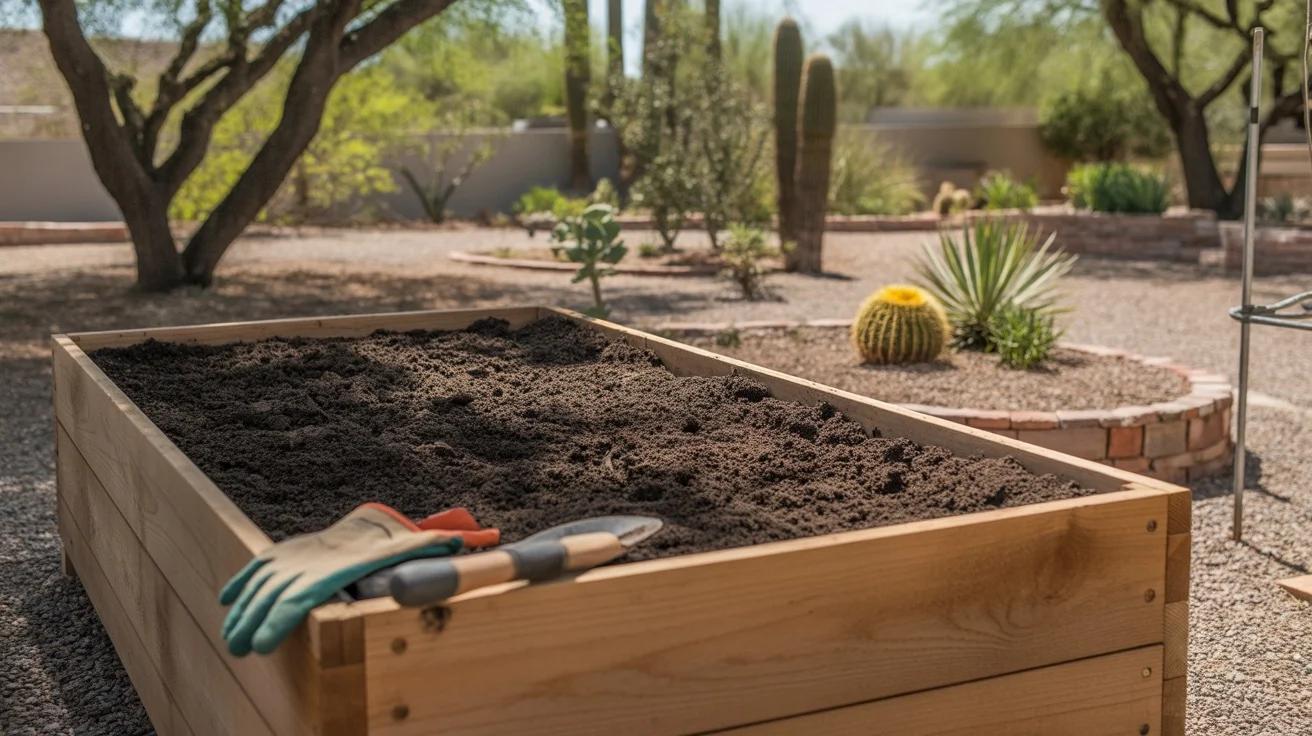 Refreshed raised bed garden soil with compost in spring, ready for planting