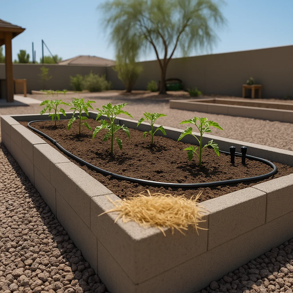 Raised bed vegetable garden in Queen Creek backyard in early spring