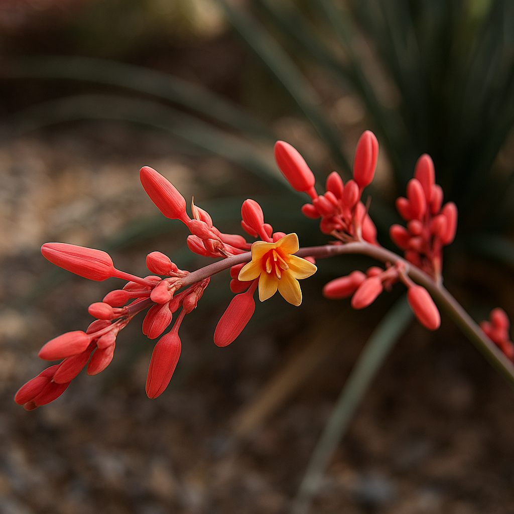 Red Yucca with tall coral flower spikes in a Gilbert garden