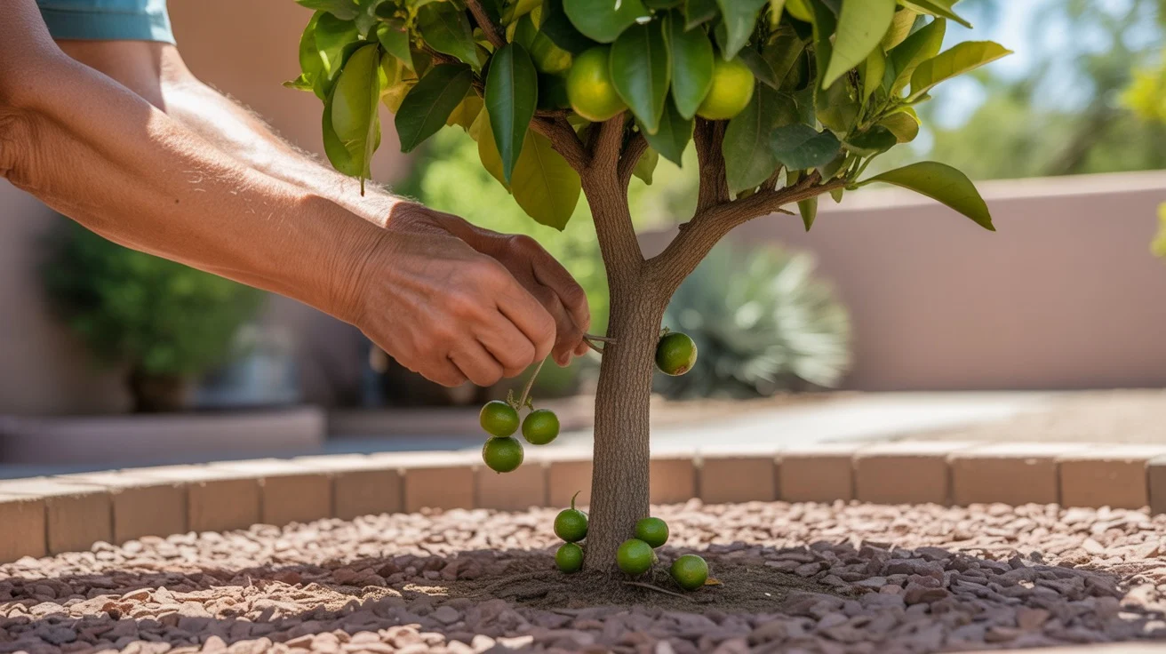 Hands removing suckers from the base of a tree in a Chandler yard