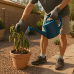 A person reviving a wilting potted plant in Gilbert's heat.