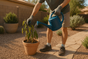 A person reviving a wilting potted plant in Gilbert's heat.