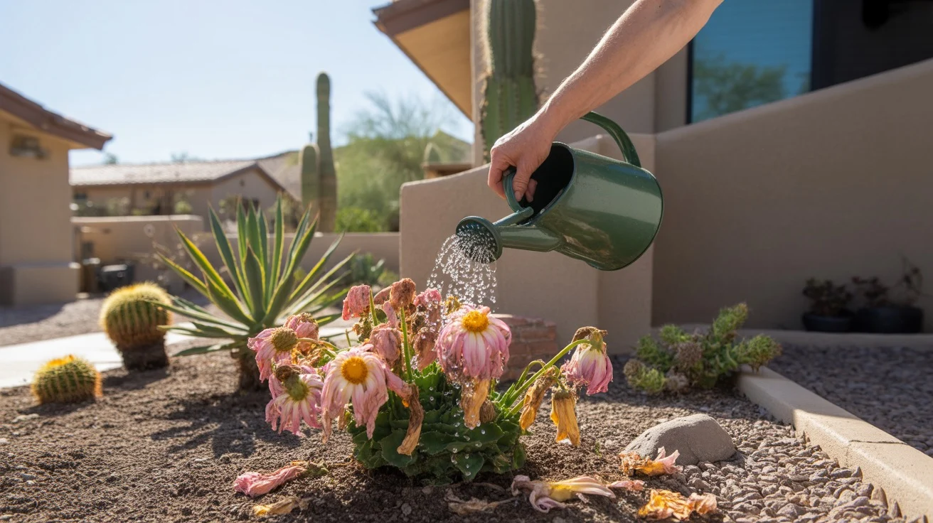 A hand watering wilted flowers in a Gilbert garden bed