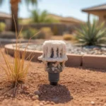 Closeup of a clogged drip emitter encrusted with white salt deposits in a Queen Creek yard.