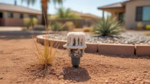 Closeup of a clogged drip emitter encrusted with white salt deposits in a Queen Creek yard.