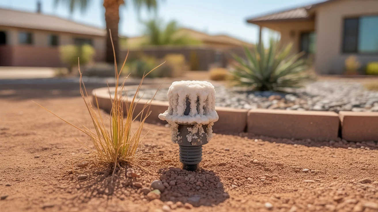 Closeup of a clogged drip emitter encrusted with white salt deposits in a Queen Creek yard.