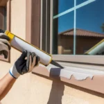 Caulking gaps around a window frame to block pest entry points in a Queen Creek home
