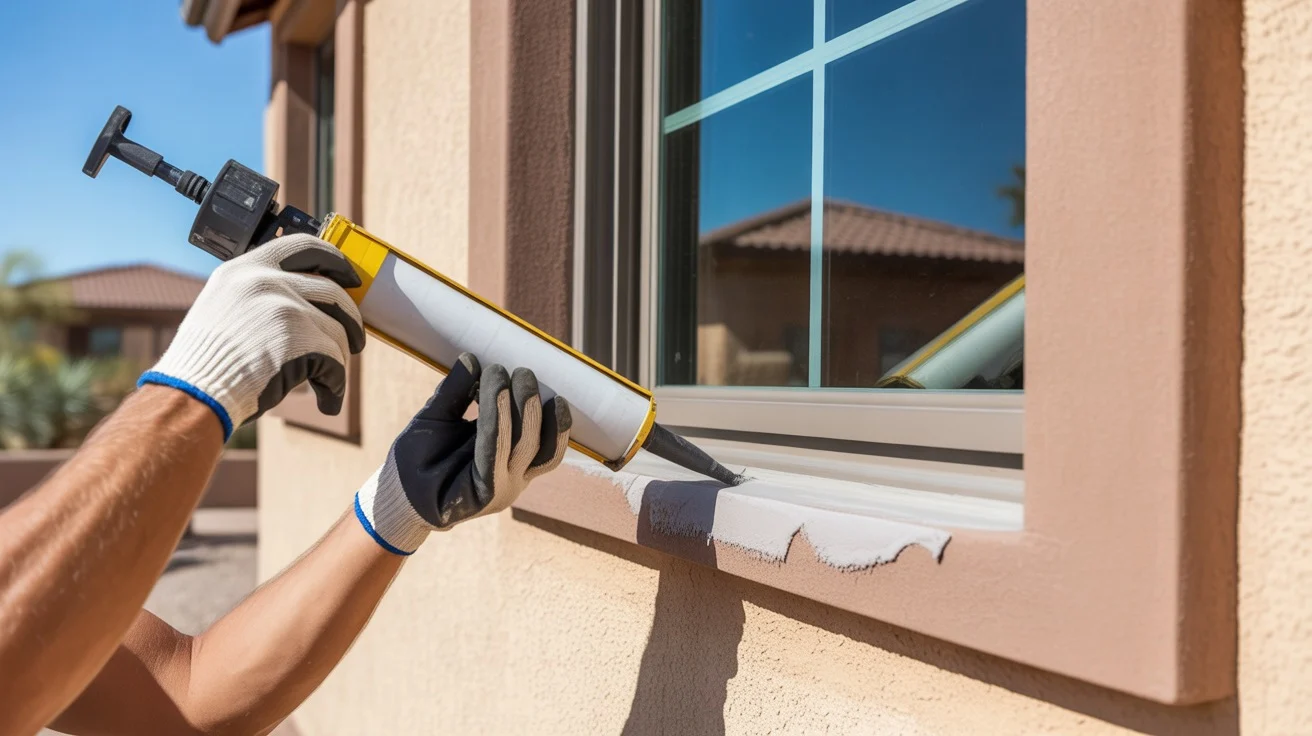Caulking gaps around a window frame to block pest entry points in a Queen Creek home