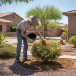 Landscaper applying fertilizer to plants in a lush Gilbert yard