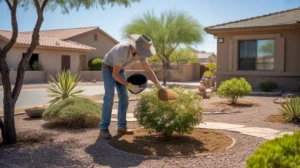 Landscaper applying fertilizer to plants in a lush Gilbert yard
