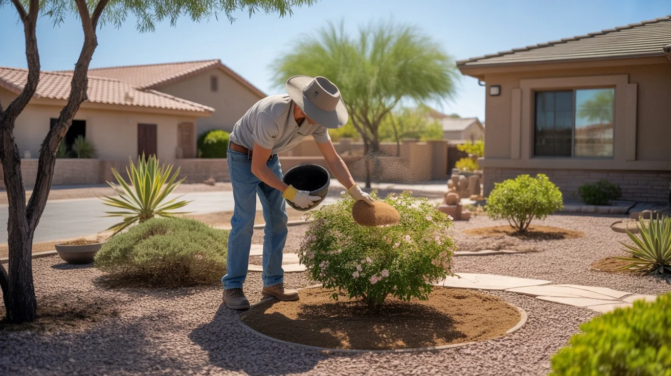 Landscaper applying fertilizer to plants in a lush Gilbert yard