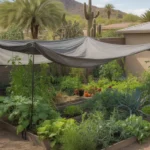 Shade cloth protecting a vegetable garden in the Southeast Valley from intense sun and heat