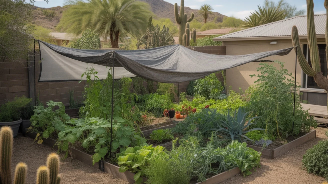 Shade cloth protecting a vegetable garden in the Southeast Valley from intense sun and heat