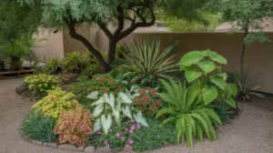 Colorful shade plants thriving in a Gilbert backyard garden in June