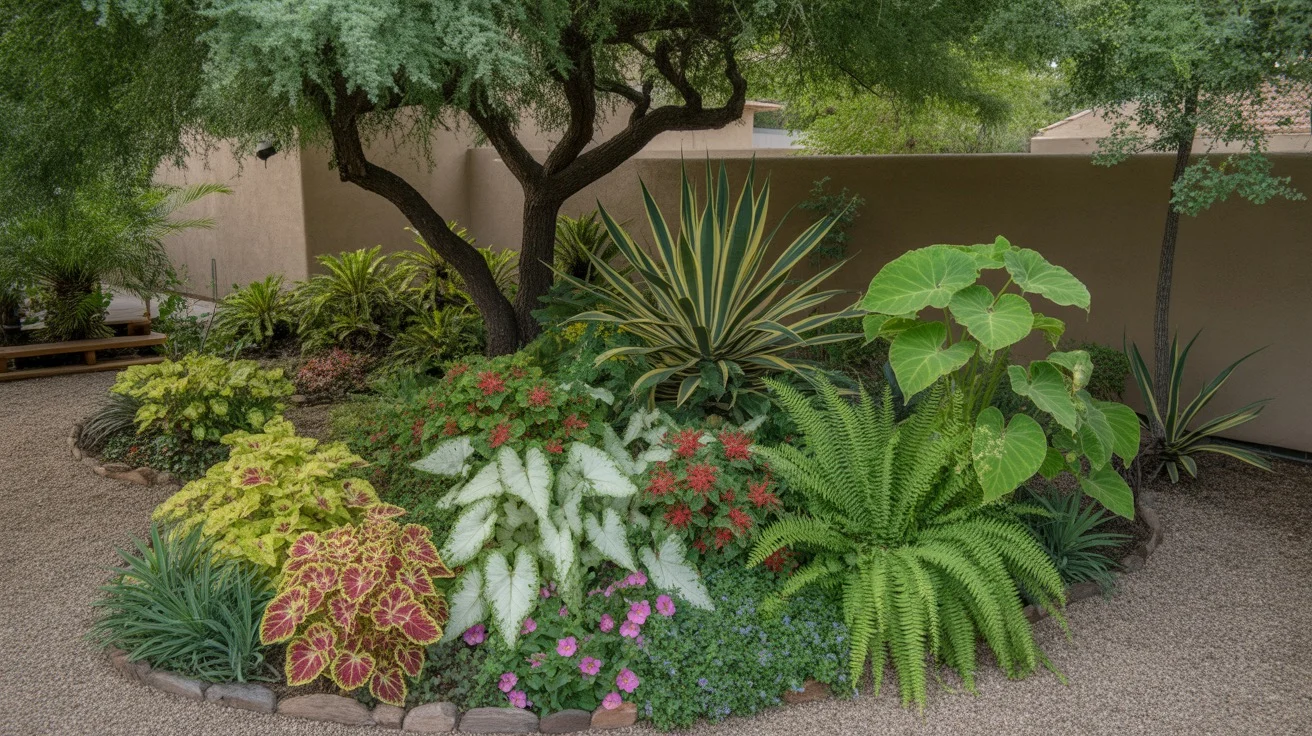 Colorful shade plants thriving in a Gilbert backyard garden in June