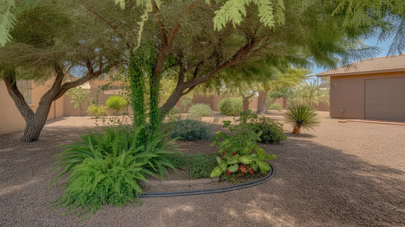 Shade garden with lush foliage and dappled sunlight in Chandler, Arizona