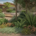 Shade landscaping checklist for Gilbert yards with plants, mulch, and shade structure
