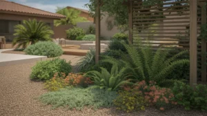 Shade landscaping checklist for Gilbert yards with plants, mulch, and shade structure
