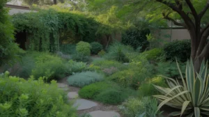 Lush shade garden with layered plants and stepping stones in Gilbert backyard