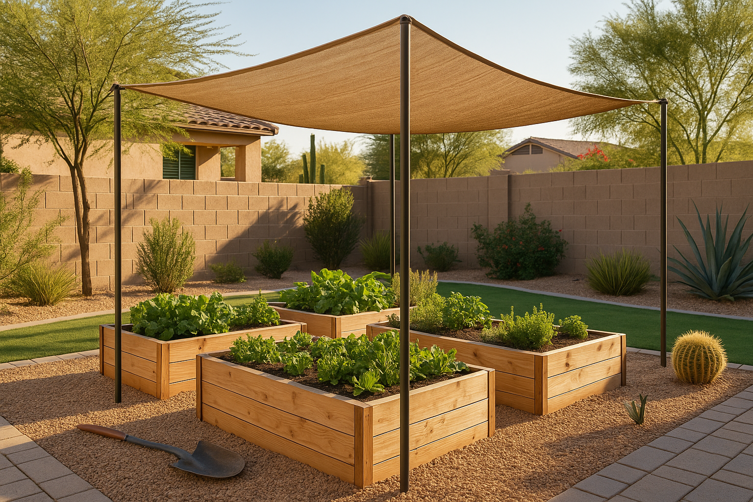 A shaded raised bed garden in Gilbert, Arizona