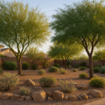 Shade trees thriving in a desert landscape in Gilbert, Arizona