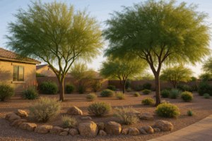 Shade trees thriving in a desert landscape in Gilbert, Arizona