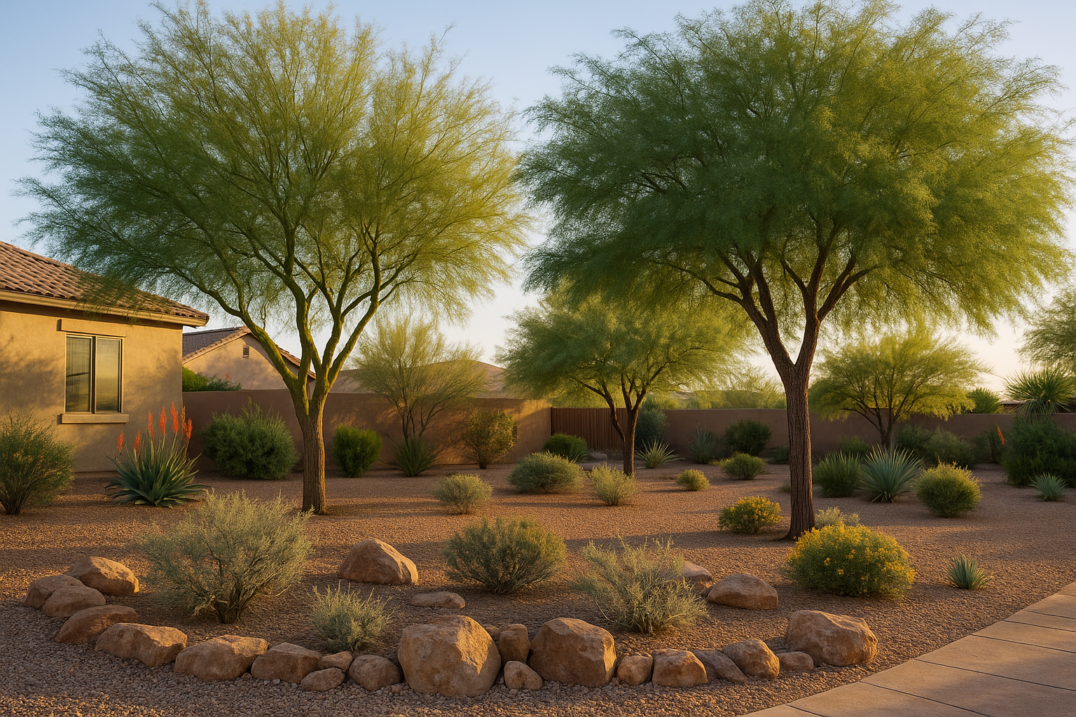 Shade trees thriving in a desert landscape in Gilbert, Arizona