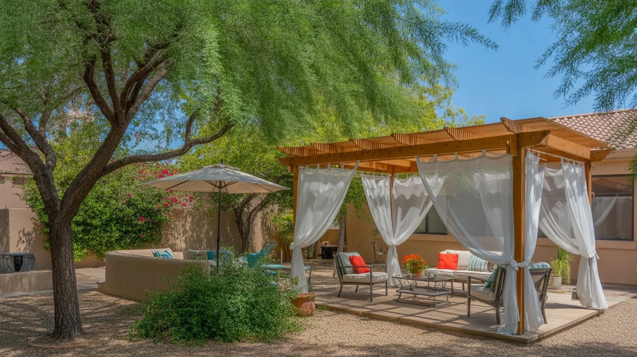 A cool and shady backyard oasis in Gilbert with a pergola, shade trees, and lush plants