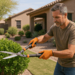 Homeowner in Queen Creek trimming shrubs in the yard