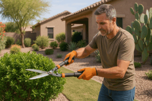 Homeowner in Queen Creek trimming shrubs in the yard