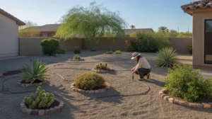 Chandler yard with drip irrigation lines and desert plants