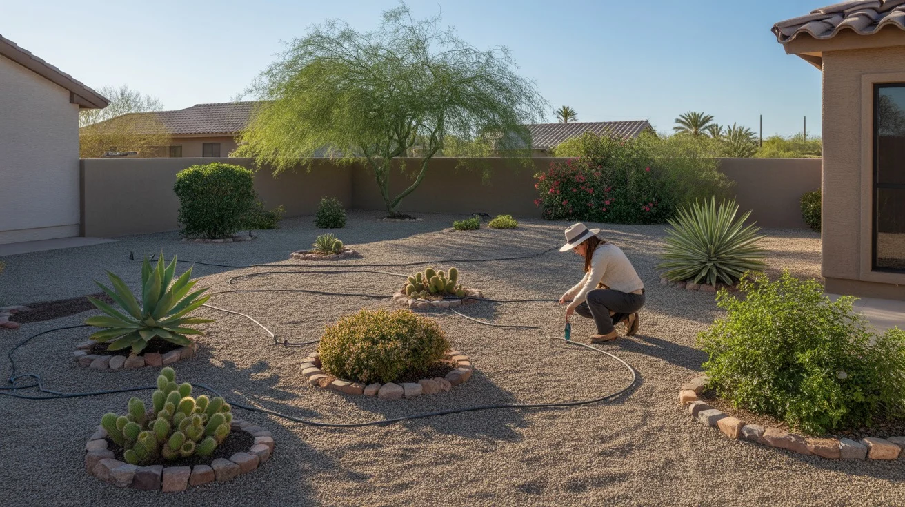 Chandler yard with drip irrigation lines and desert plants