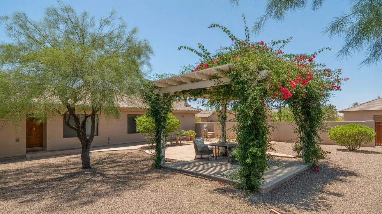 A shaded patio in the Southeast Valley with a pergola, climbing vines, and shade trees