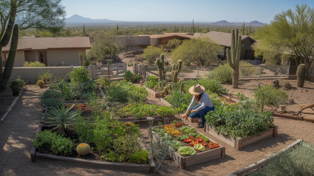 A lush, diverse garden in the Southeast Valley showcasing seasonal plantings.