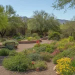 Colorful spring garden with blooming flowers and desert plants in the Southeast Valley of Arizona