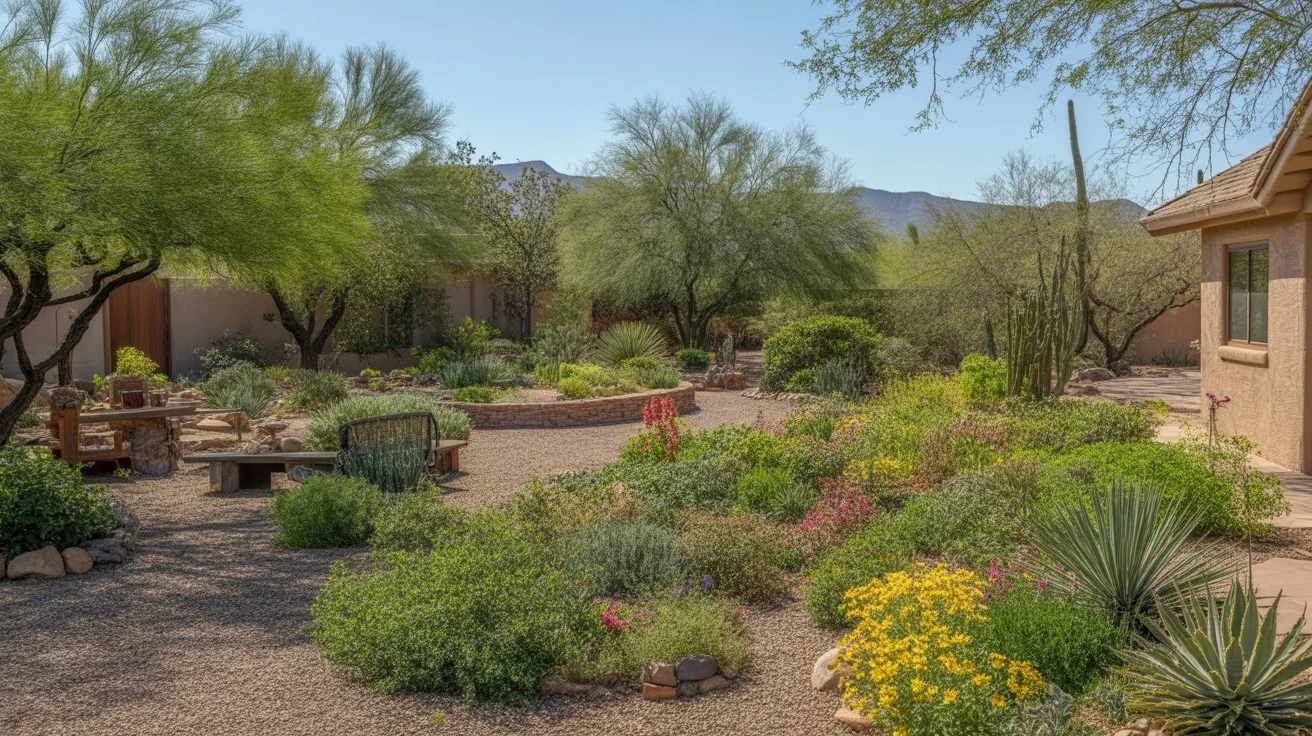 Colorful spring garden with blooming flowers and desert plants in the Southeast Valley of Arizona