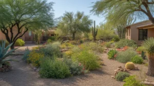 A colorful, desert-friendly spring garden in full bloom in the Southeast Valley of Arizona