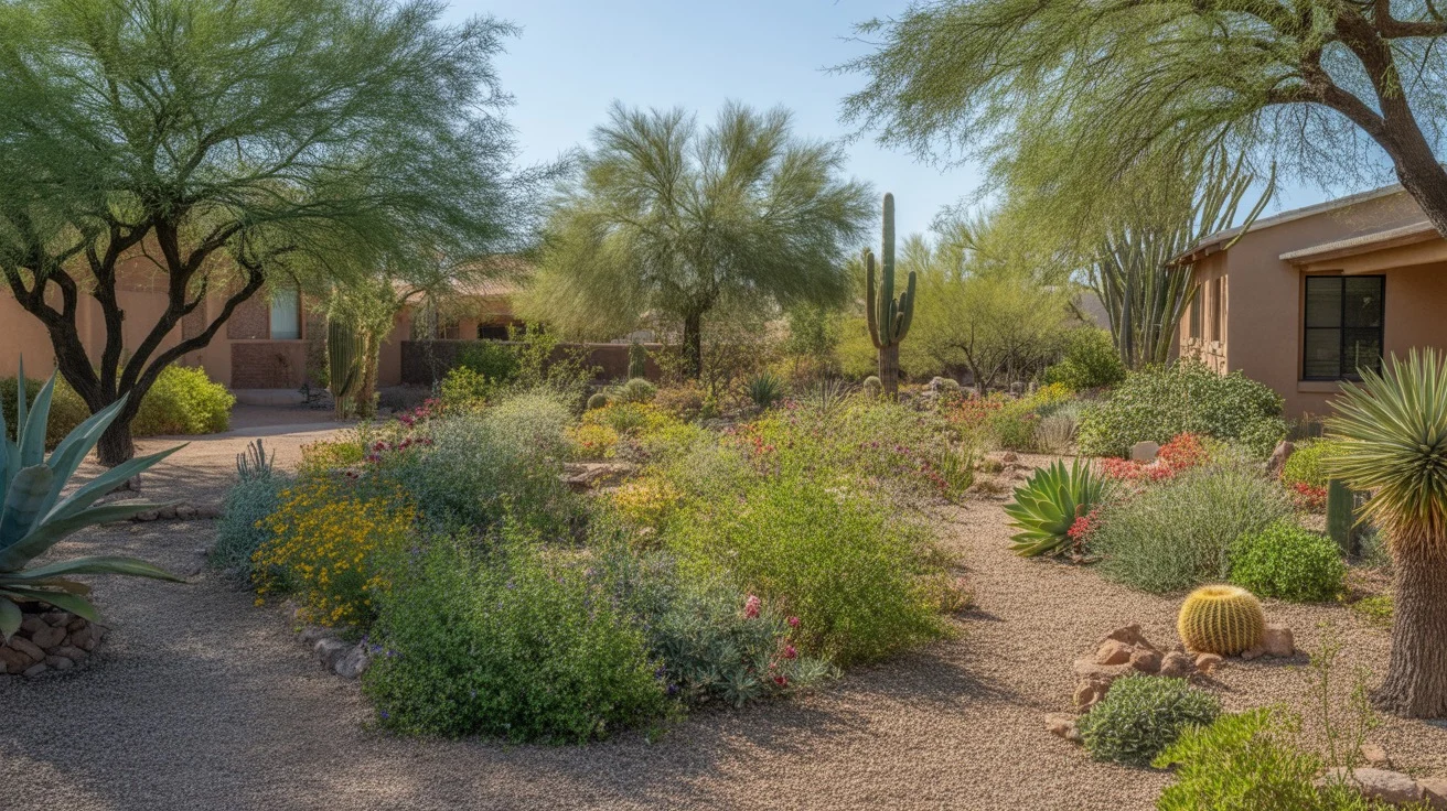 A colorful, desert-friendly spring garden in full bloom in the Southeast Valley of Arizona