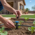 Homeowner setting up a drip irrigation system in a Southeast Valley backyard garden bed in early spring.