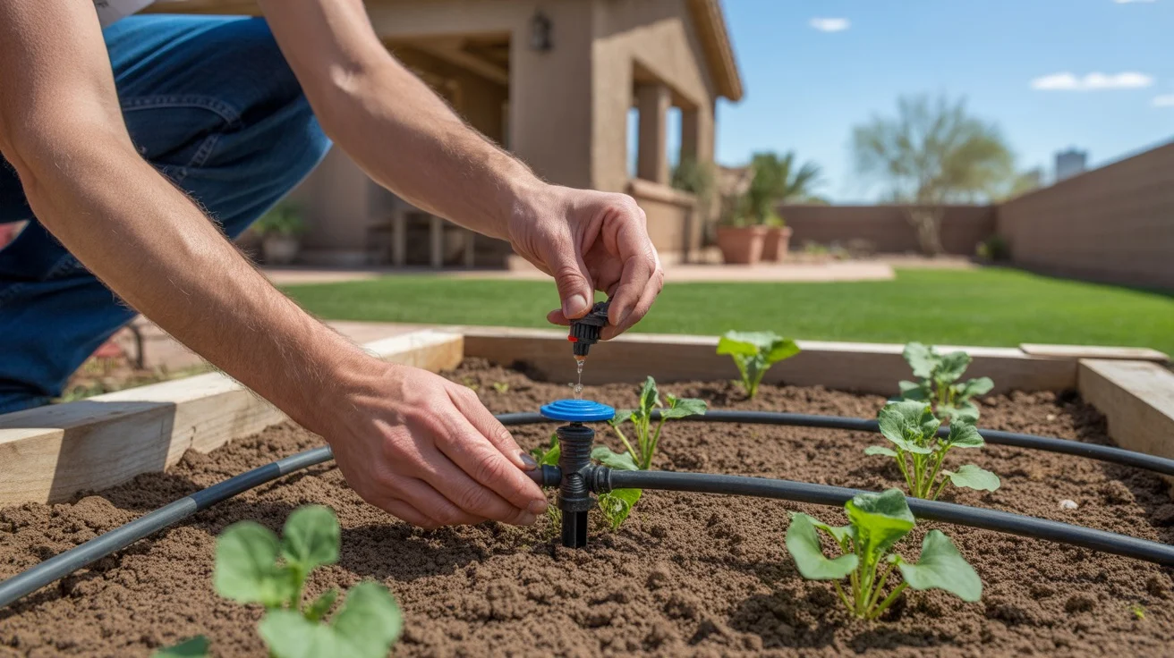 Homeowner setting up a drip irrigation system in a Southeast Valley backyard garden bed in early spring.