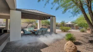 A shaded patio with a pergola and misting system in a Southeast Valley backyard