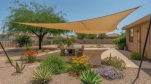 Shade sail and sun-loving plants in a Southeast Valley backyard