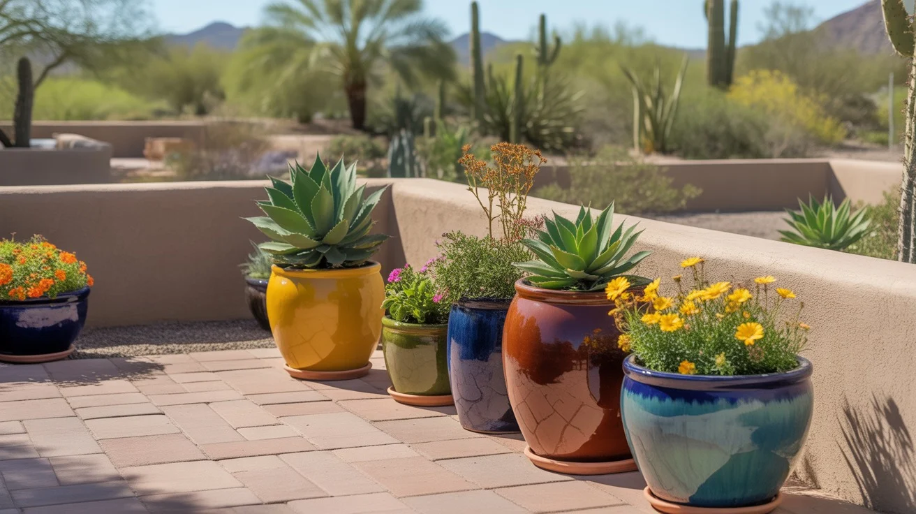 A colorful spring container garden on a patio in Chandler, Arizona