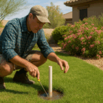 A Queen Creek gardener performing a spring drainage check in a lush green garden