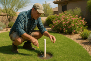 A Queen Creek gardener performing a spring drainage check in a lush green garden