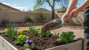 Gardener's hands holding scoop of organic fertilizer over garden bed