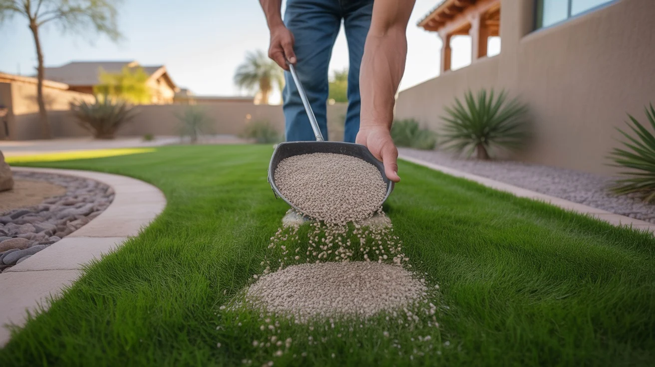 Applying fertilizer to a lush green lawn in spring in Gilbert, Arizona