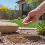 Hand spreading fertilizer on plants in a lush green Gilbert yard in spring