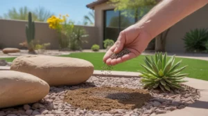 Hand spreading fertilizer on plants in a lush green Gilbert yard in spring