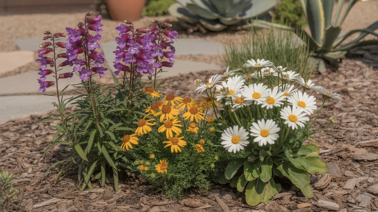 Colorful spring flower bed with penstemon, desert marigold, and angelita daisy in Southeast Valley garden